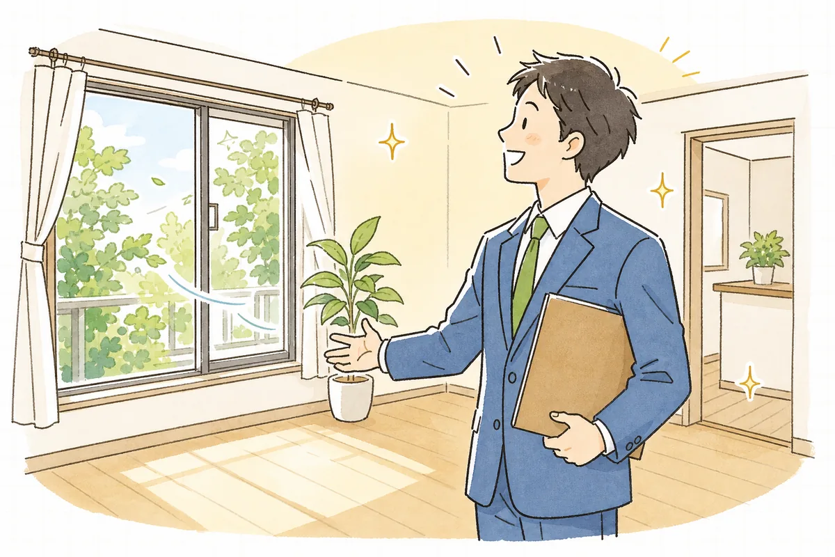 片づいた明るい部屋を見渡して前向きな表情を浮かべる賃貸管理担当者