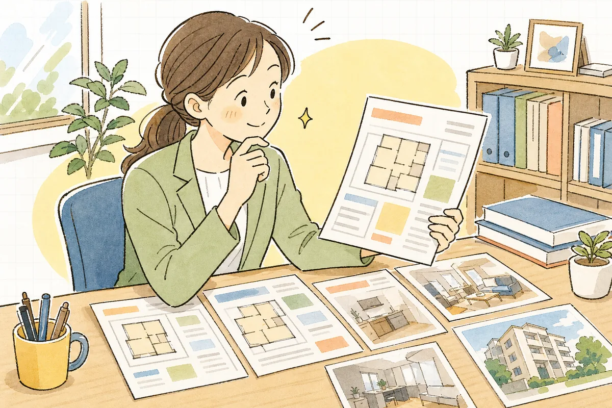 机の上で募集図面(マイソク)を見比べながら、どこを直せば伝わるか考える賃貸管理担当者
