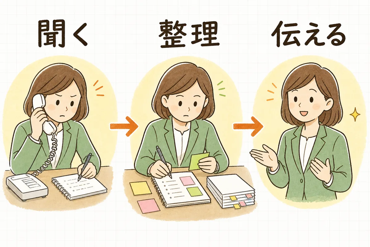聞く・整理・伝えるの三段階を順に進める賃貸管理担当者