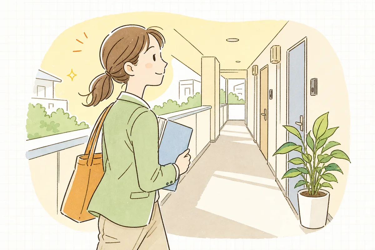 朝の光が差し込む共用廊下を前向きな表情で歩く賃貸管理担当者