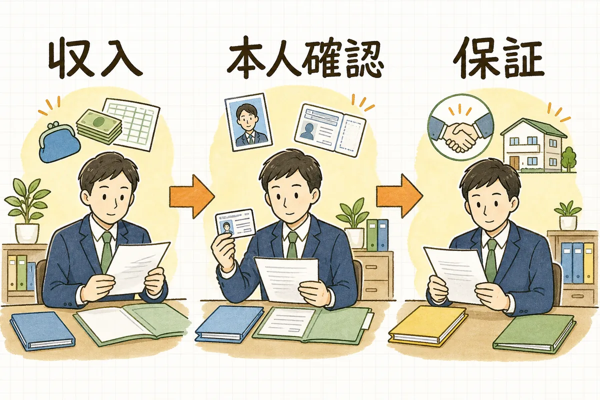 収入・本人確認・保証の三段階で入居審査を順番に確認する流れの図