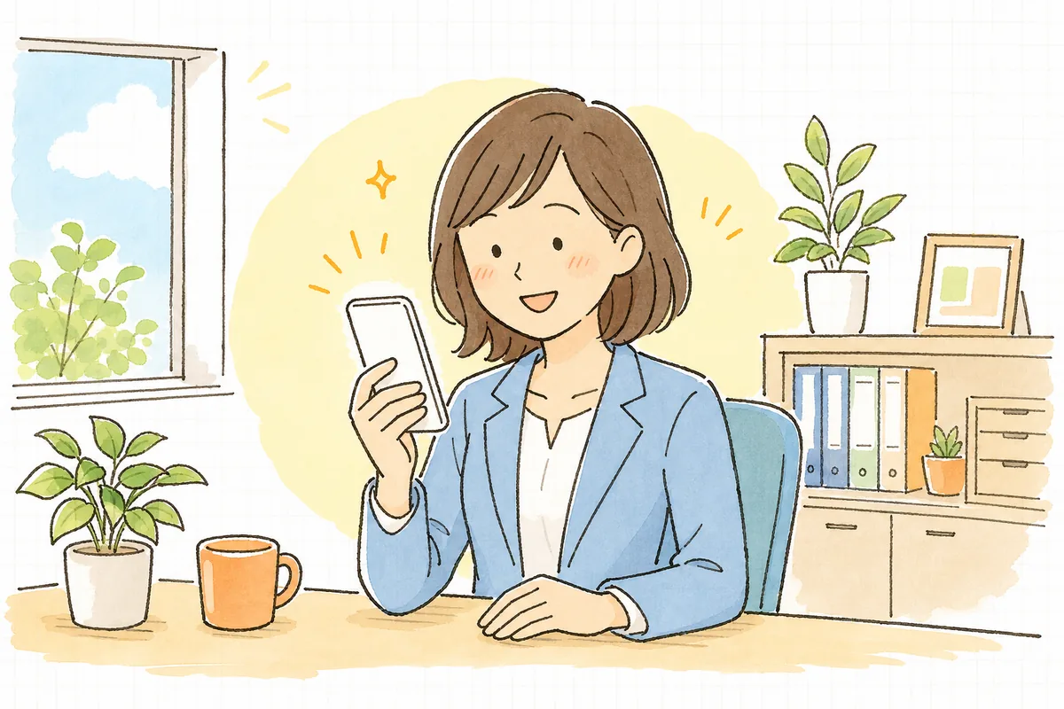 明るい部屋で、管理担当者がスマートフォンで入居者からの返事を読み、うれしそうに微笑んでいる情景