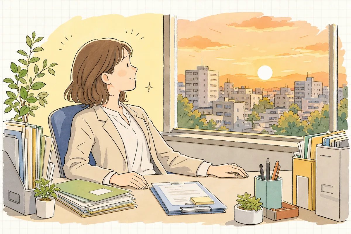 害虫の対応の手配を終え、穏やかな表情で窓の外を眺める賃貸管理担当者