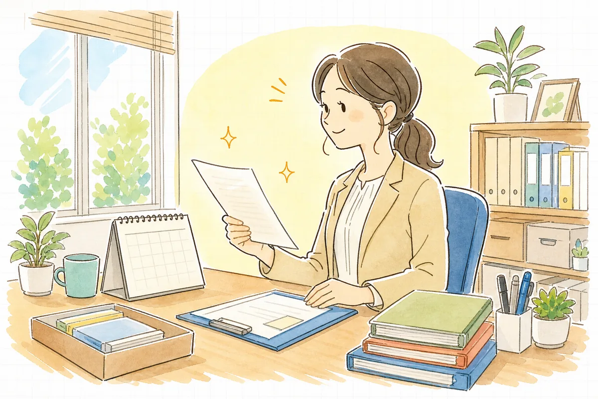 返送された更新書類を受け取り、満了日に印のついたカレンダーを見て安心した表情の賃貸管理担当者