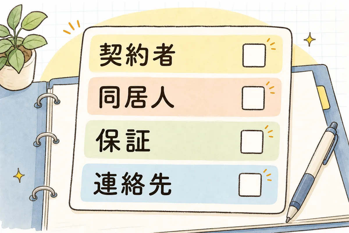 契約者・同居人・保証・緊急連絡先の四項目で更新時の現状を確認するシートの図