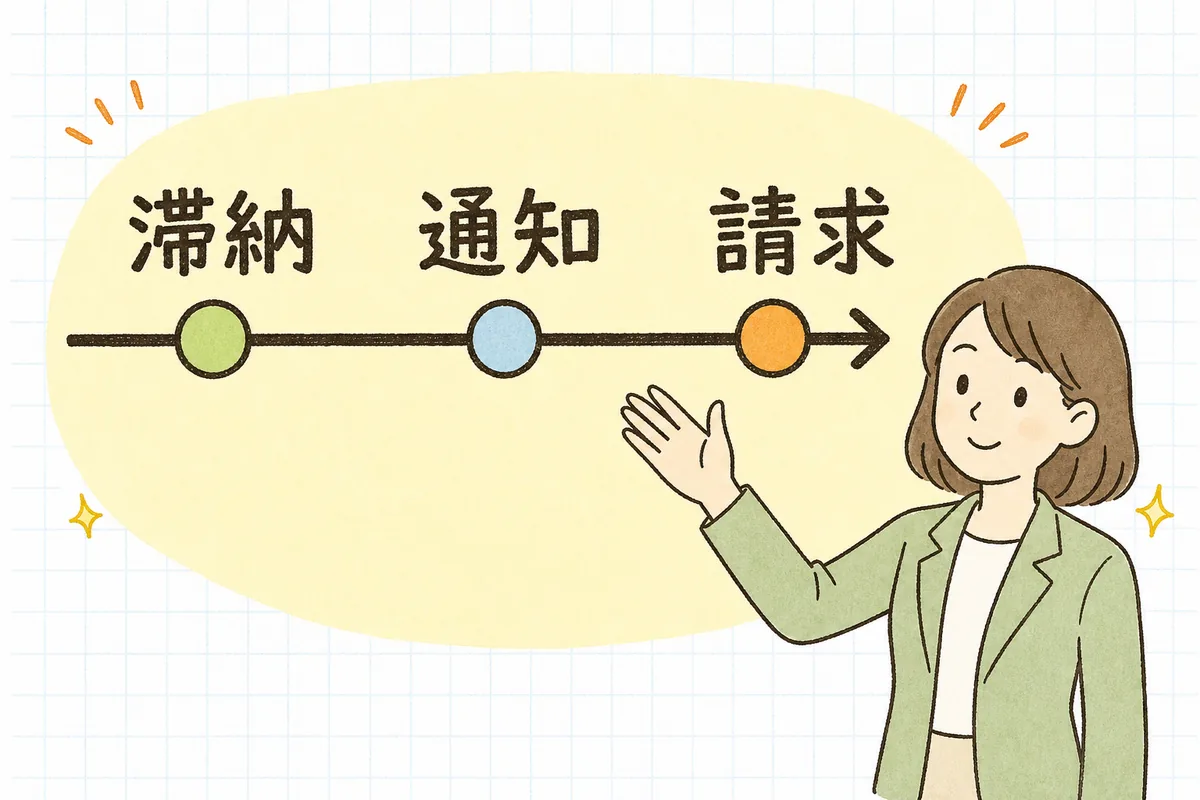 滞納の発生から保証会社への通知・請求・立替までを順に並べた代位弁済の流れ図