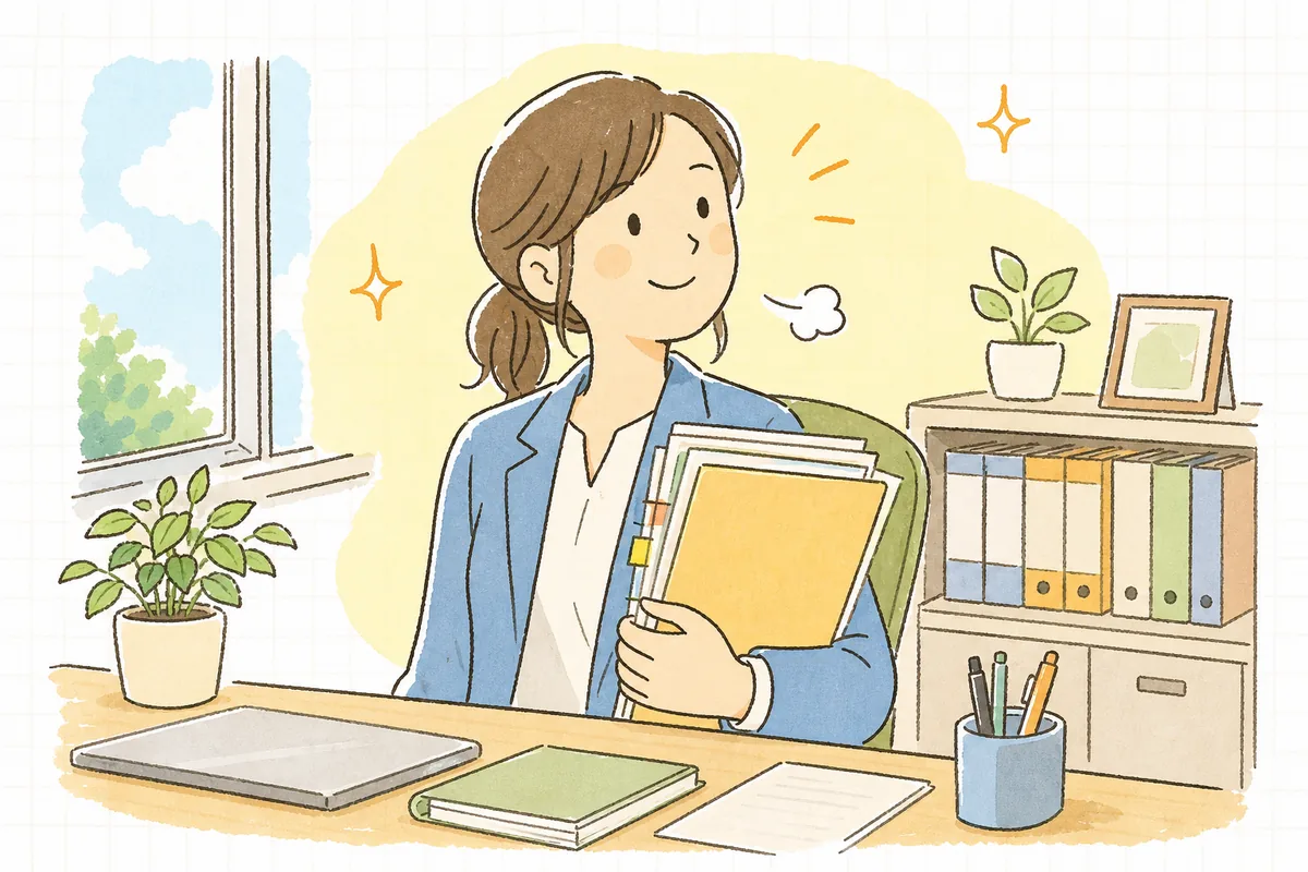 整理された滞納対応の書類を前に穏やかな表情で一息つく賃貸管理担当者