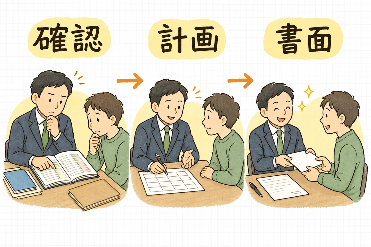 確認・計画・書面の順に分割払いの相談を進める賃貸管理担当者