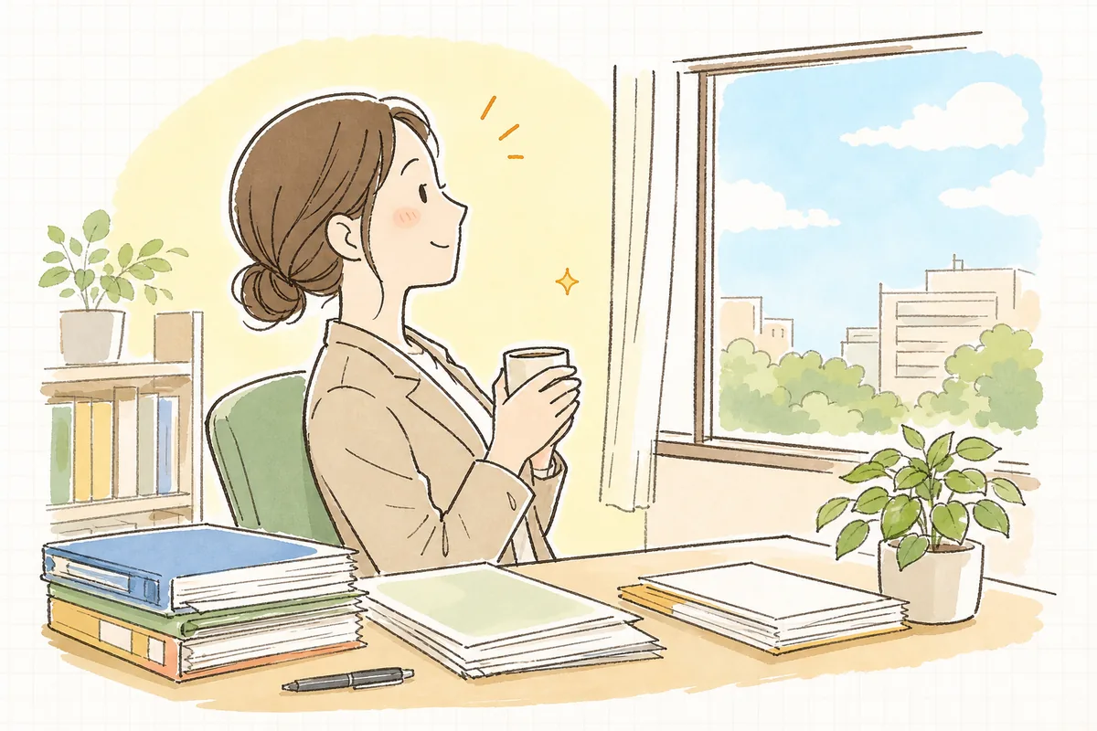 分割払いの合意書をまとめ終え、窓辺で穏やかに一息つく賃貸管理担当者