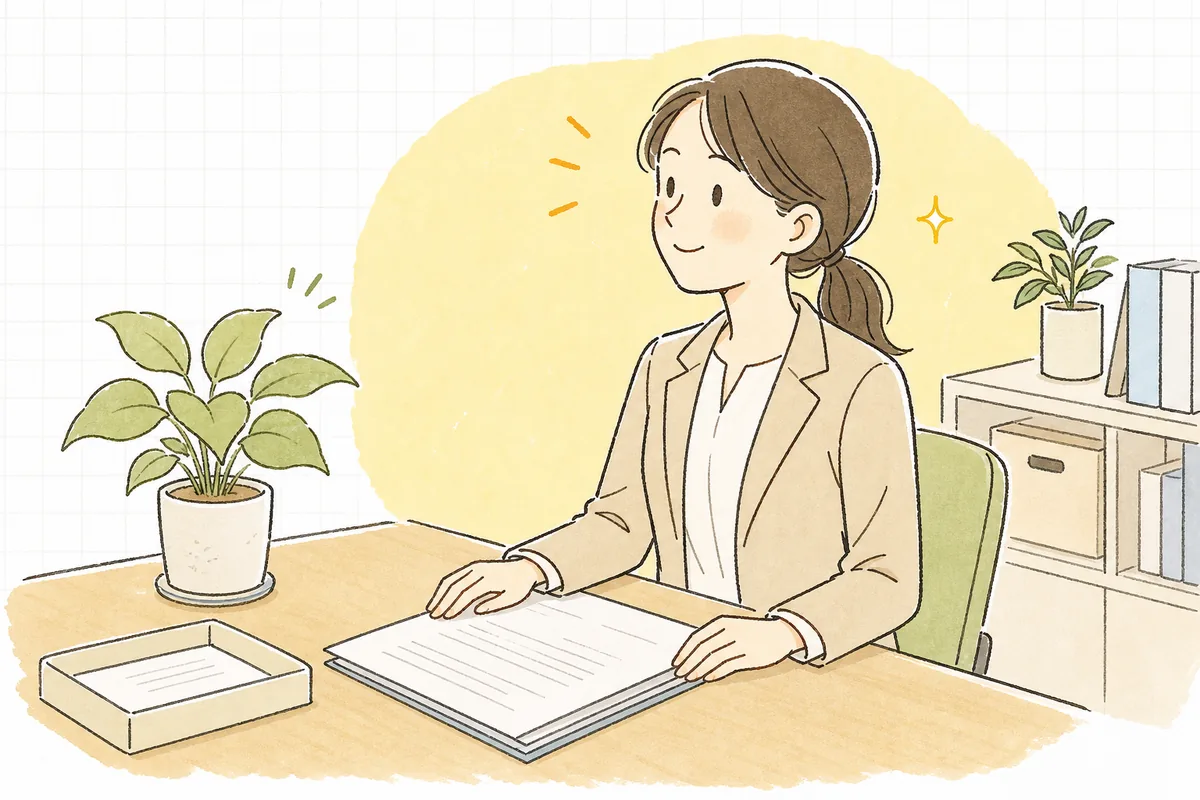 保証欄の確認を終えた契約書を整え、穏やかな表情で前を向く賃貸管理担当者