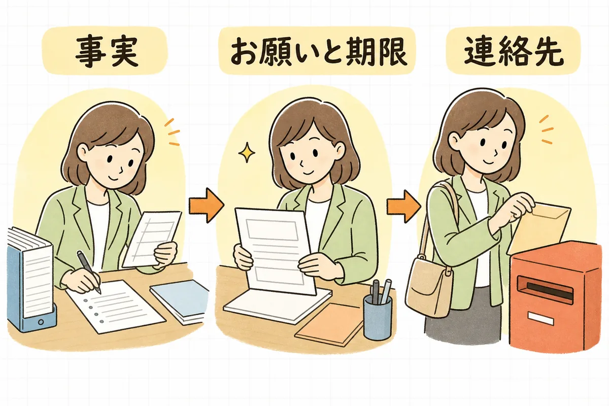 催告書に入れる三つの要素を順に確認する流れ