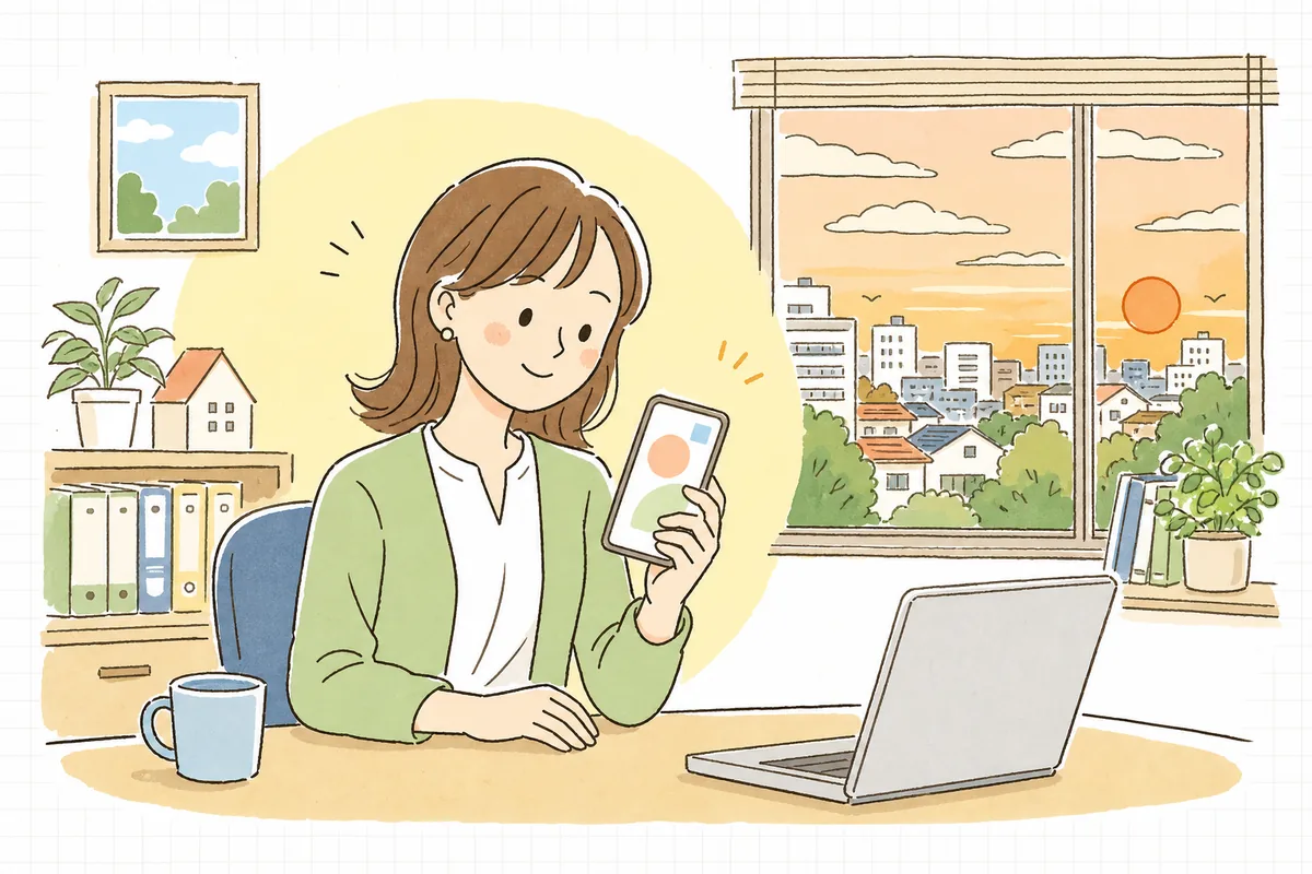 明るい事務所で、管理担当者がスマートフォンに届いた内見終了の連絡を見て、ほっとしたように微笑んでいる情景