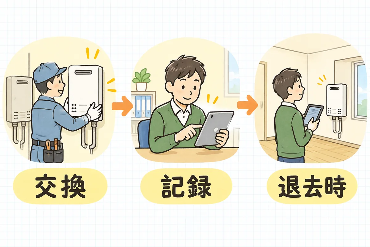 給湯器の交換、台帳への記録、退去時の確認という3つの場面を左から順に並べた図