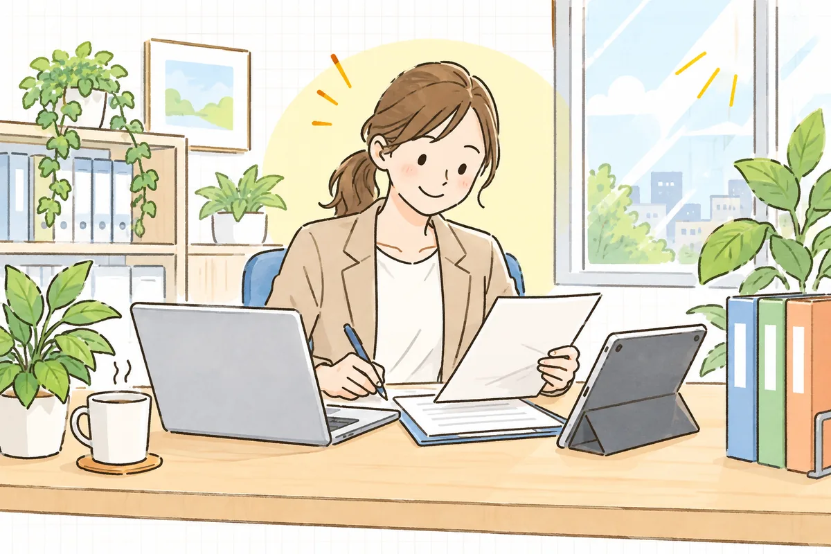 管理会社の机で、部屋ごとに整理された台帳を見ながら穏やかに精算書を仕上げる賃貸管理担当者
