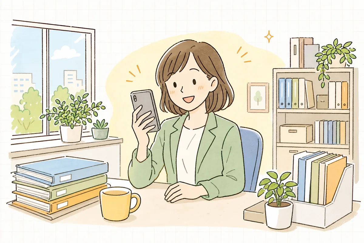 明るい事務所で、管理担当者がスマートフォンで入金を確かめて、ほっとした笑顔を浮かべている情景