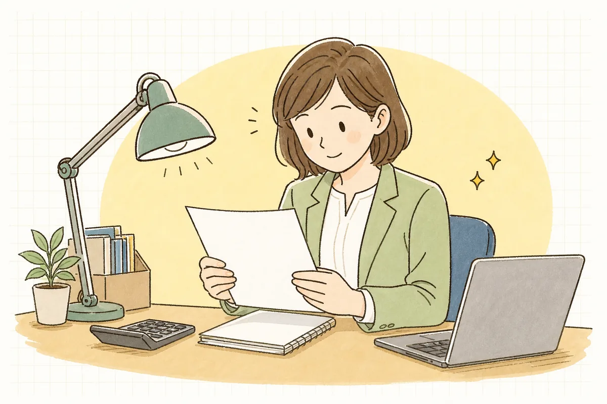 できあがった敷金精算書を手に取り、渡す前にもう一度読み返す賃貸管理担当者