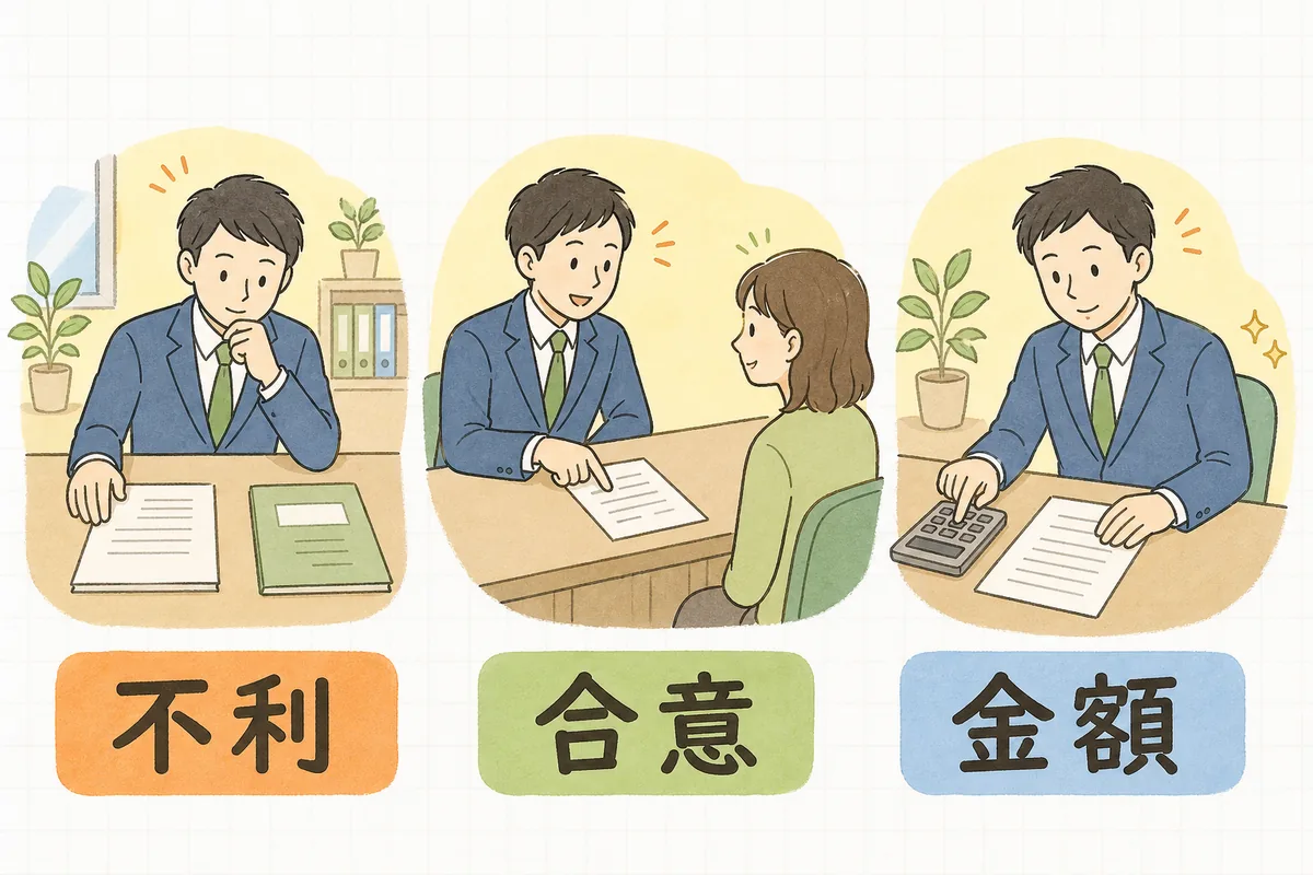 特約が有効かを判断する3つの見どころを、不利・合意・金額の順に並べた図