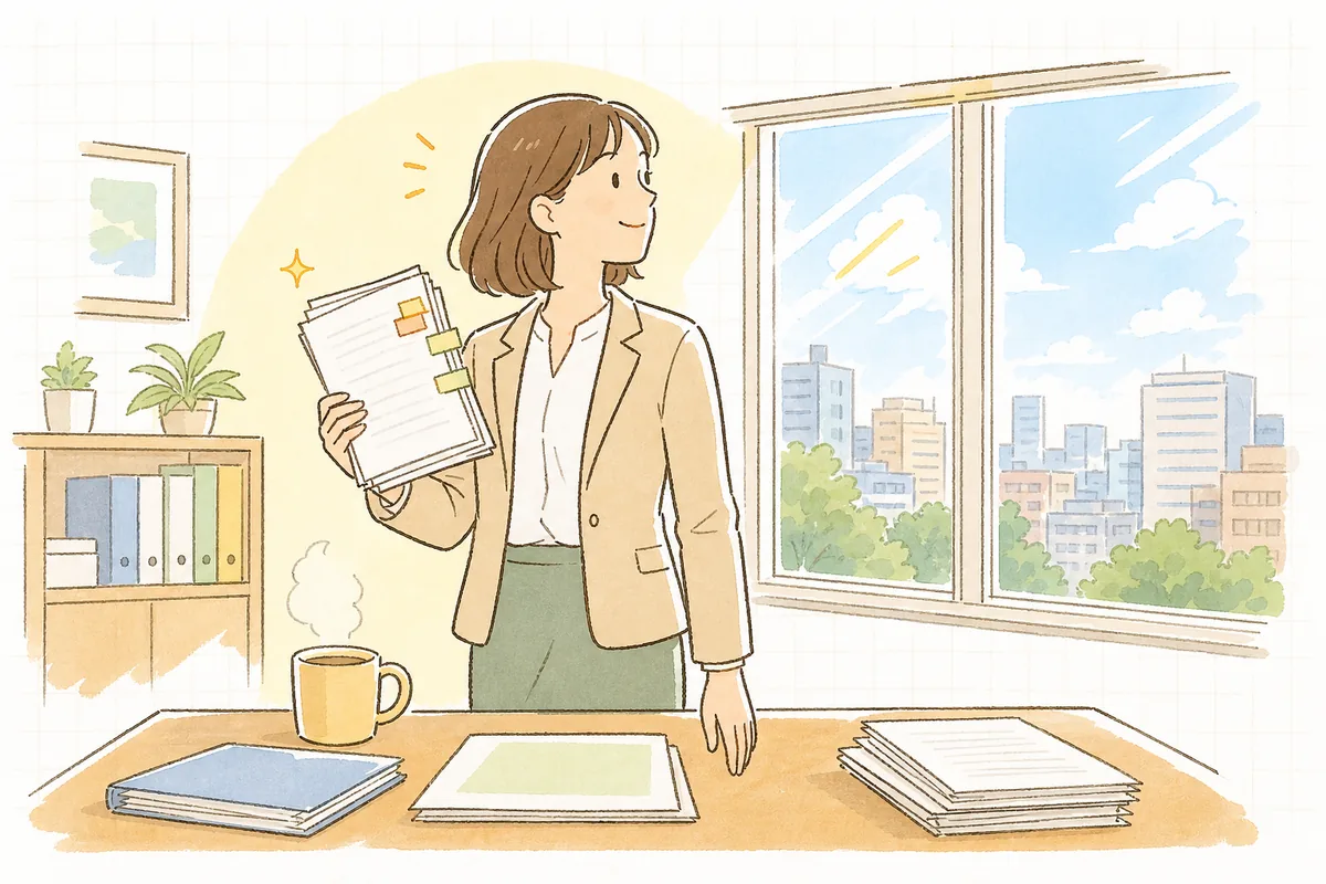 朝のオフィスで、付箋を貼り終えた契約書ひな型を手に、穏やかに前を向いている賃貸管理担当者