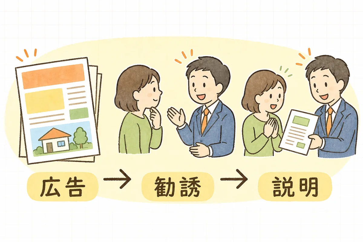 サブリース新法が業者に課す3つの義務(誇大広告の禁止・不当勧誘の禁止・重要事項説明)を段階で示した図