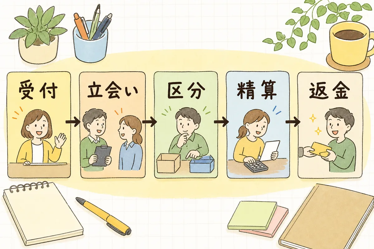 退去連絡から敷金返金までの五つの工程を時系列の矢印で並べた流れ図