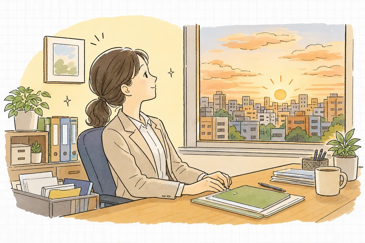精算を終えて穏やかな表情で窓の外を眺める賃貸管理担当者