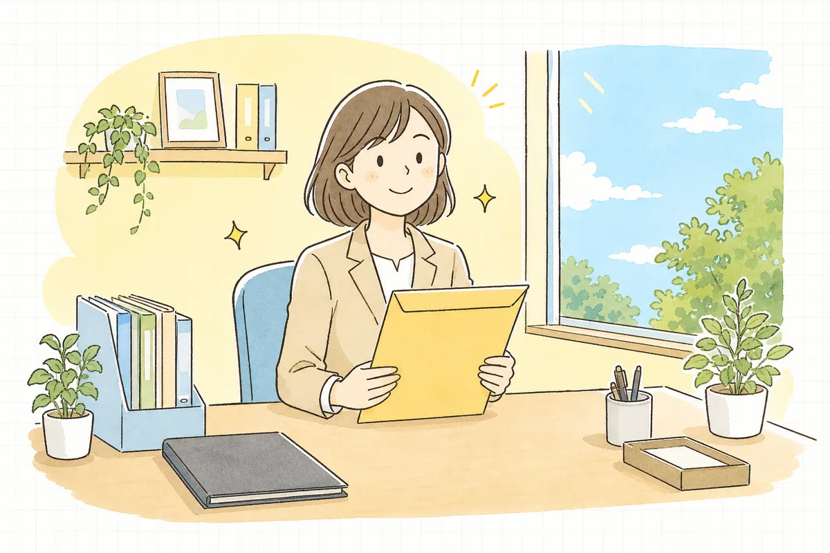 根拠をそろえた精算書を封筒に納め、穏やかな表情で顔を上げている賃貸管理担当者
