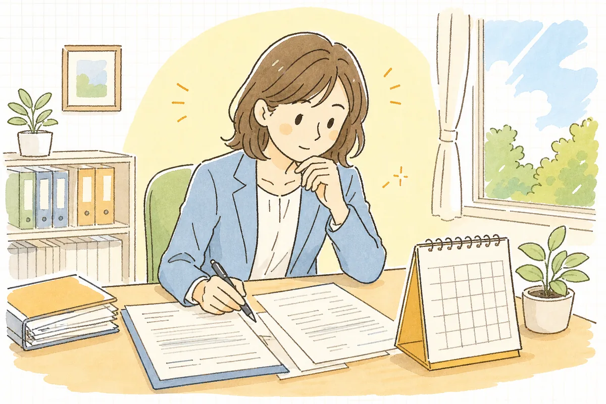 定期借家契約の書類を前に、満了日のカレンダーを見ながら再契約の段取りを考える賃貸管理担当者