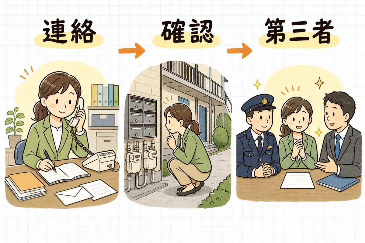 連絡・確認・第三者の三段階で連絡の取れない入居者に対応する流れ