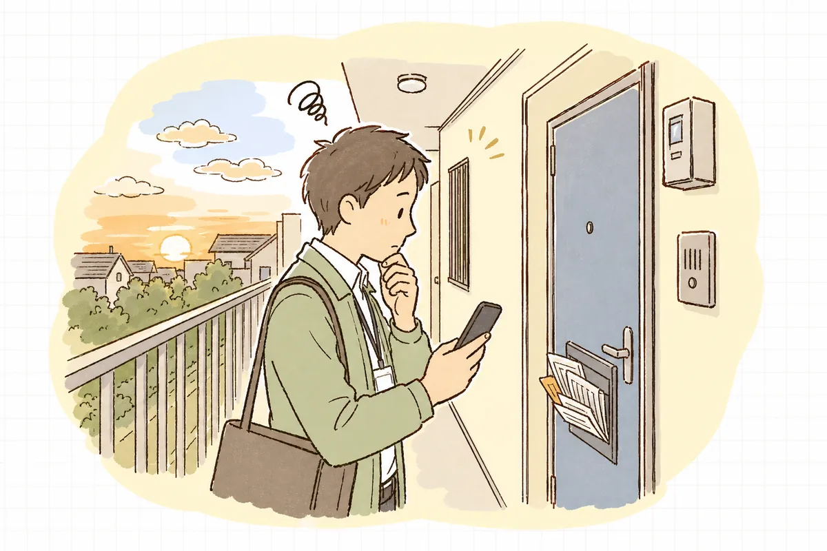 連絡の取れない入居者の部屋の前で、どう動くか考え込む賃貸管理担当者