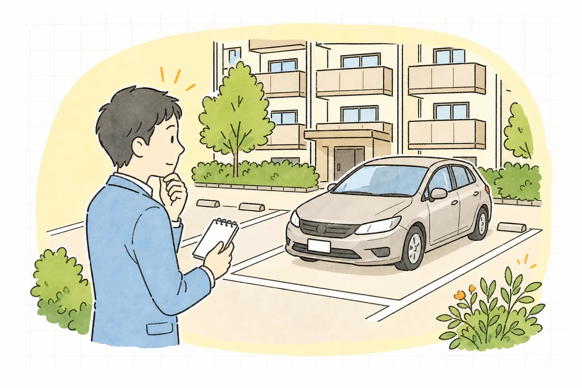 集合住宅の駐車場で見慣れない車を前に対応を考える賃貸管理担当者