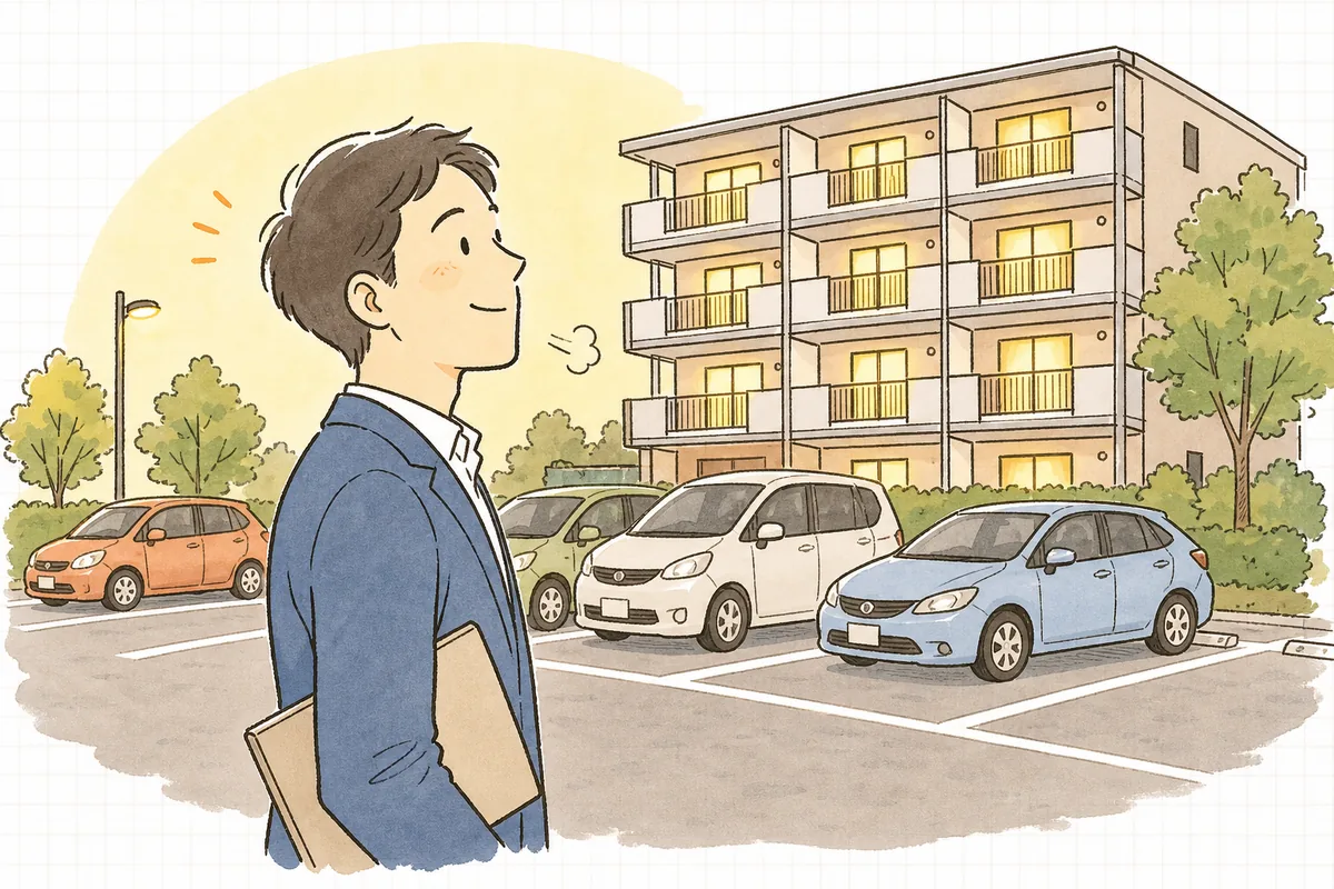 整然と片づいた駐車場を見渡して一息つく賃貸管理担当者