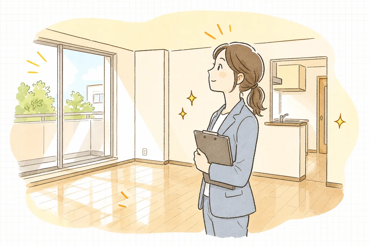 明るい光の差し込む空室で、整った室内を見渡し前を向く賃貸管理担当者