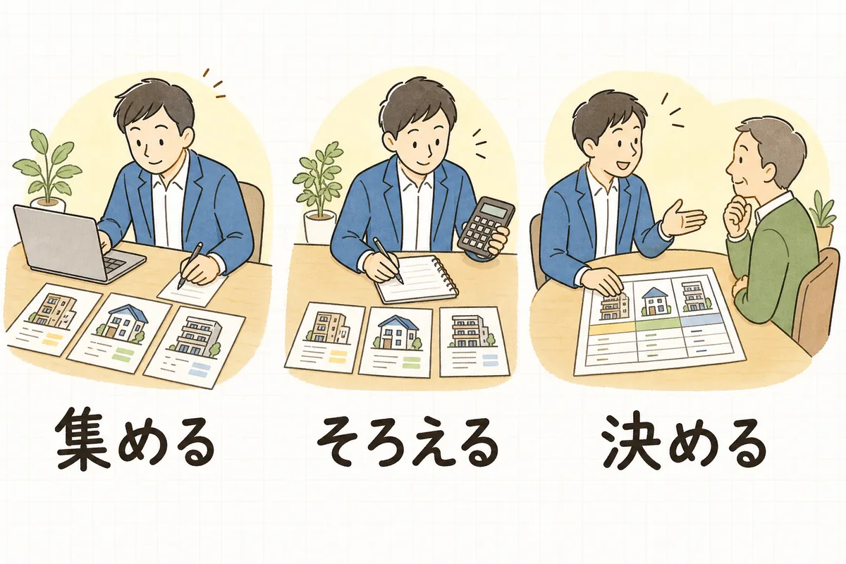 資料を集める・電卓で単価をそろえる・オーナーに説明して決める、という三つの場面を左から順に並べた図