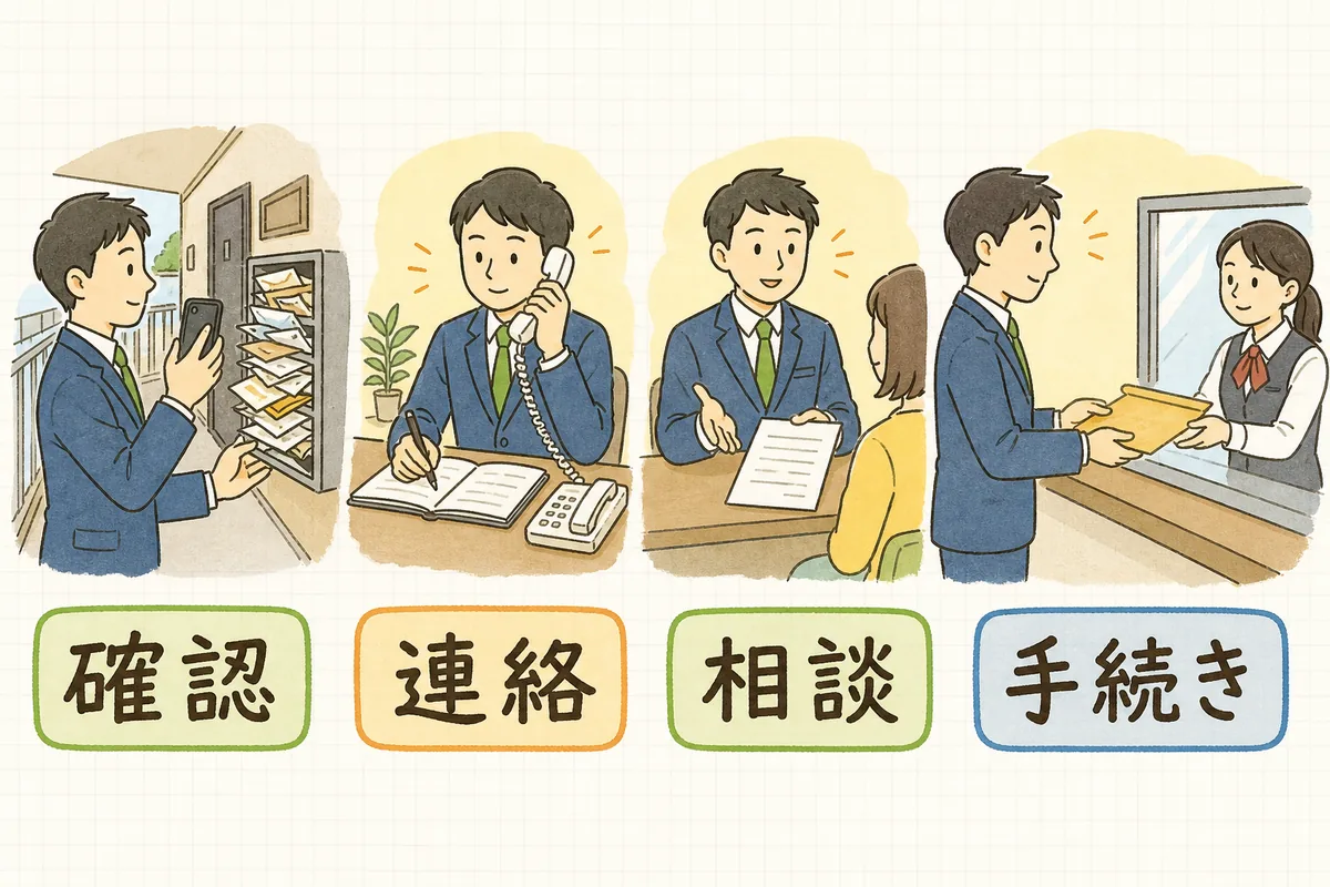 確認・連絡・相談・手続きの4段階を順にたどる賃貸管理担当者の様子を横並びに描いた図