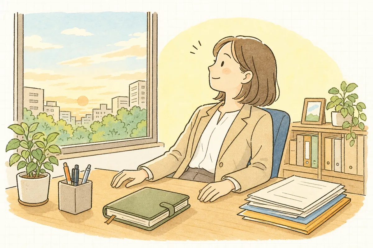 対応の記録を書き終え、事務所の窓辺で肩の力を抜いて一息ついている賃貸管理担当者
