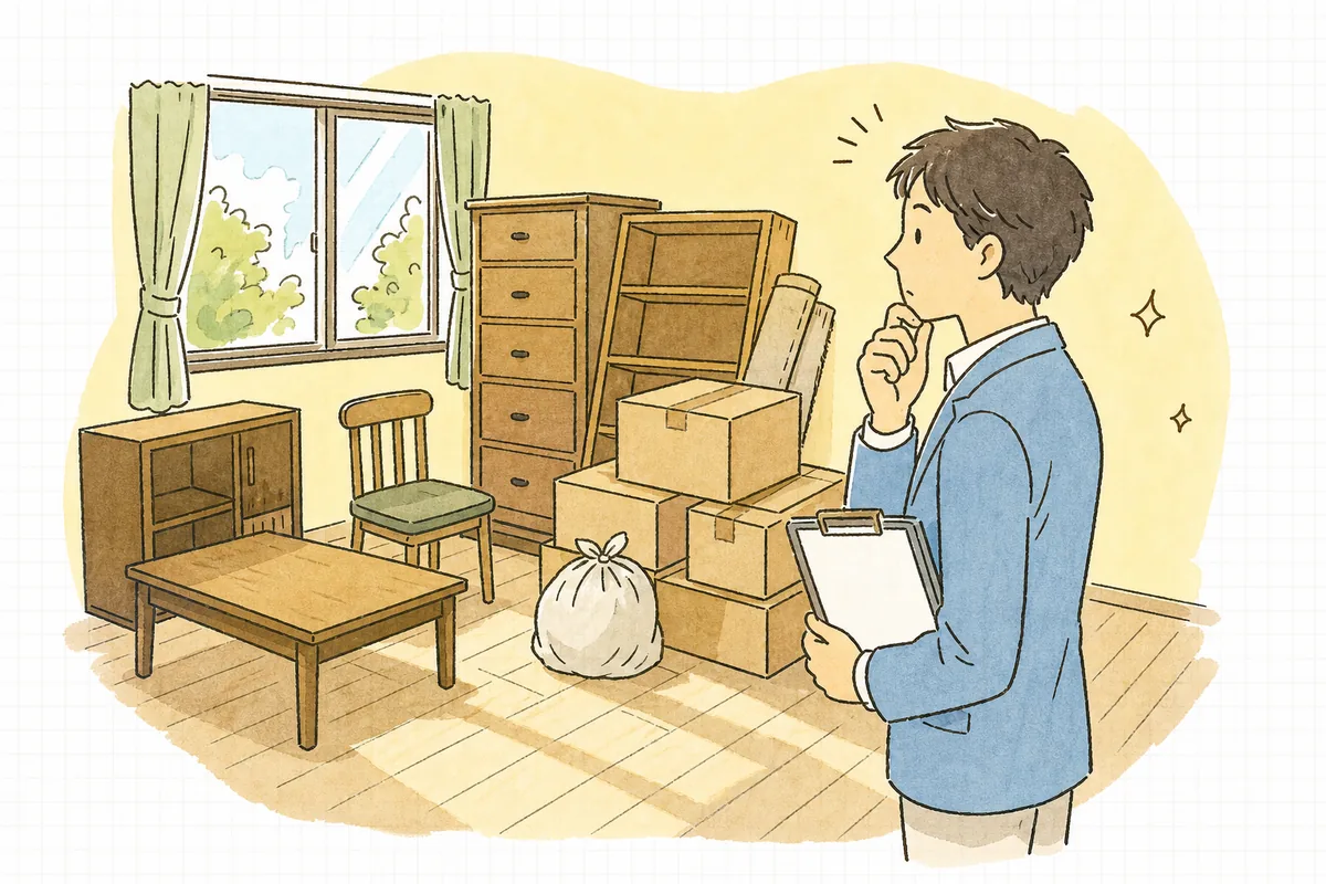 退去した部屋に残された家具や段ボールを前に、勝手に捨てず進め方を確かめる賃貸管理担当者